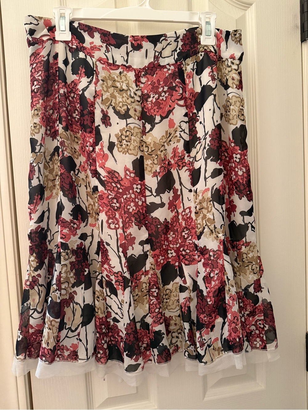 Apostrophe White A-Line Skirt with Pink, Olive and Brown Floral Print